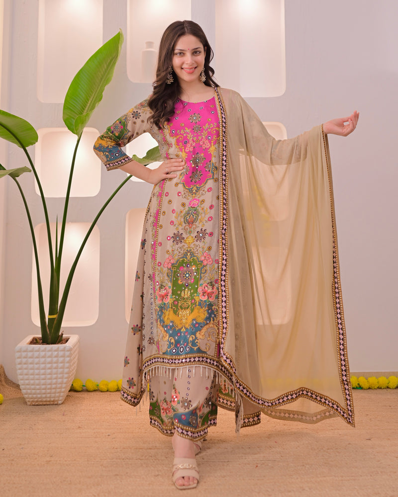 Noor Mahal Golden Beige Handwork Crepe Festive Suit