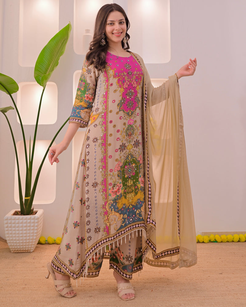 Noor Mahal Golden Beige Handwork Crepe Festive Suit