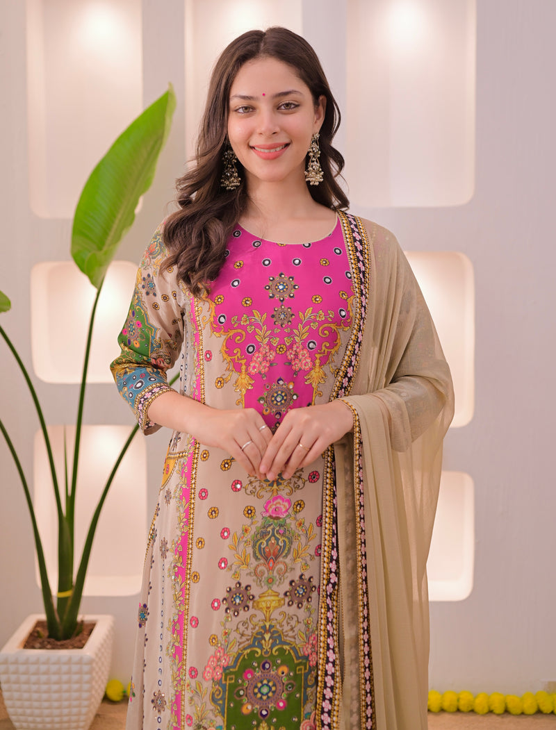 Noor Mahal Golden Beige Handwork Crepe Festive Suit