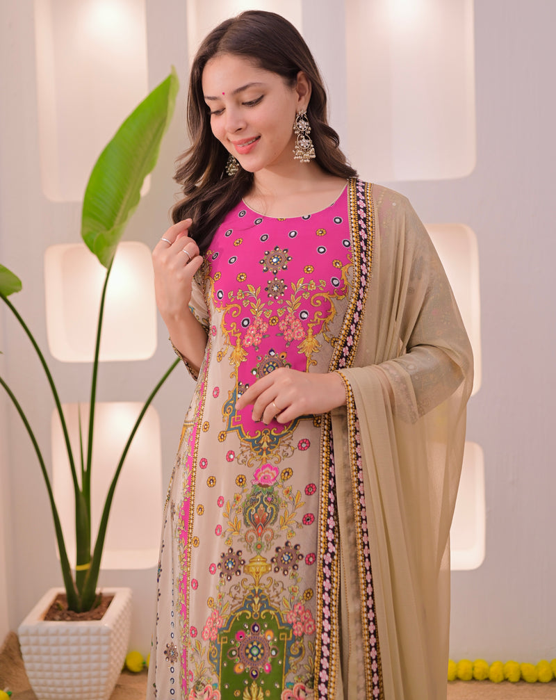 Noor Mahal Golden Beige Handwork Crepe Festive Suit