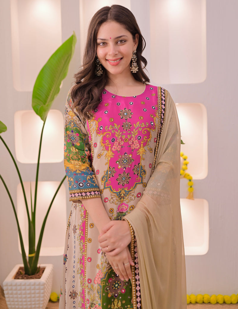 Noor Mahal Golden Beige Handwork Crepe Festive Suit
