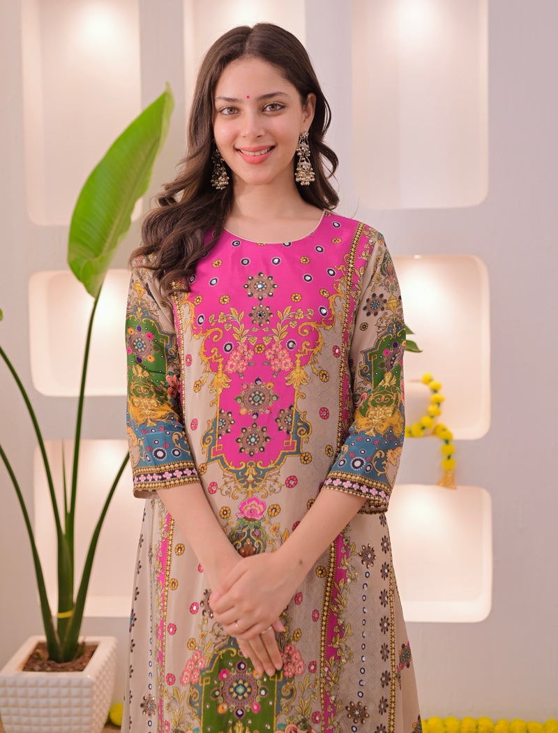Noor Mahal Golden Beige Handwork Crepe Festive Suit
