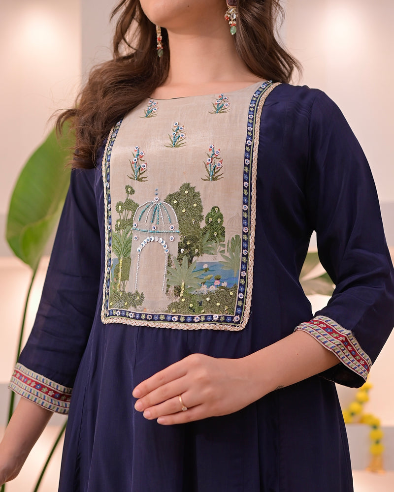 Navy Noor-e-Bagh Crepe A Line Handwork Suit
