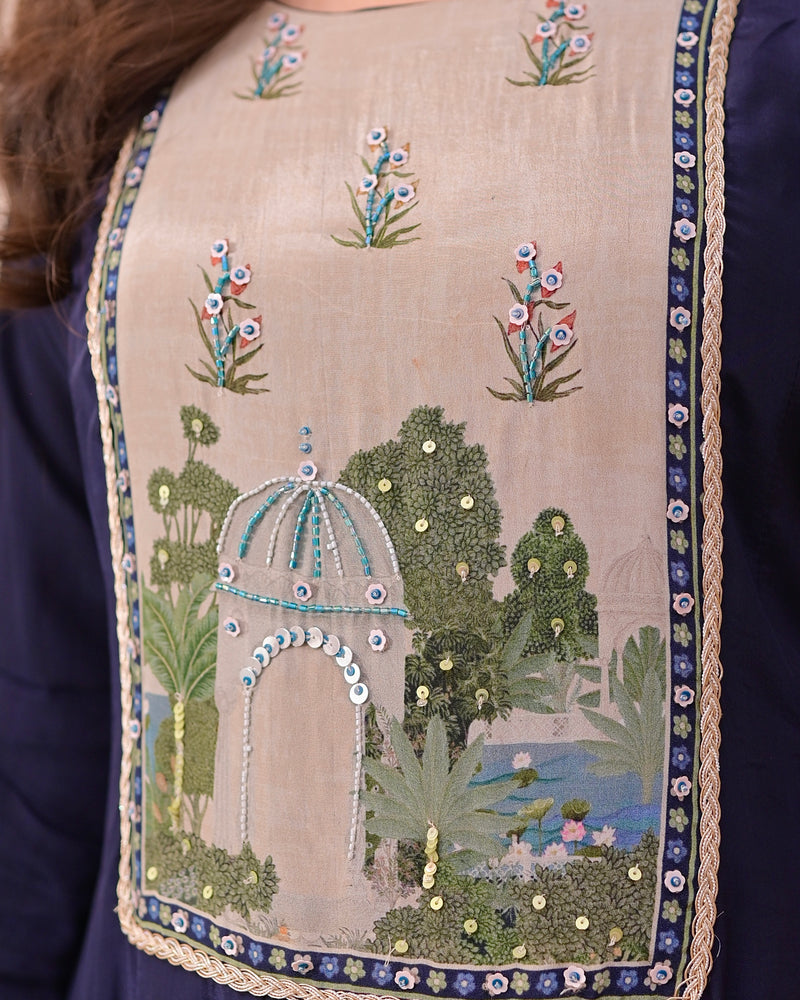 Navy Noor-e-Bagh Crepe A Line Handwork Suit