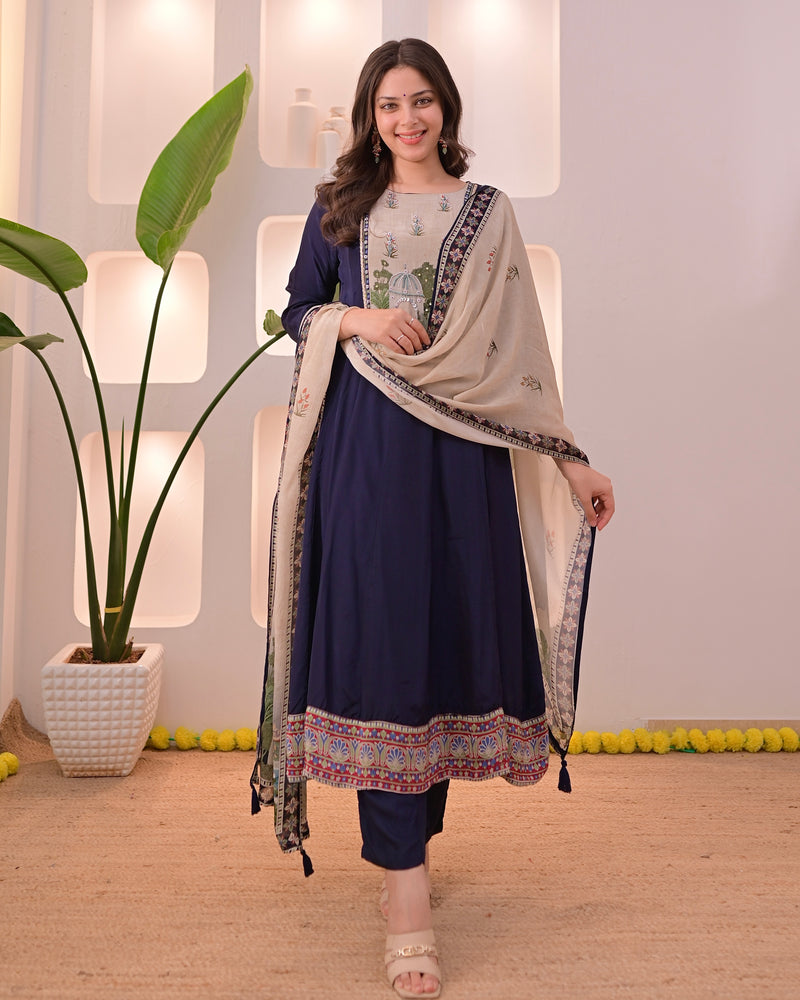 Navy Noor-e-Bagh Crepe A Line Handwork Suit
