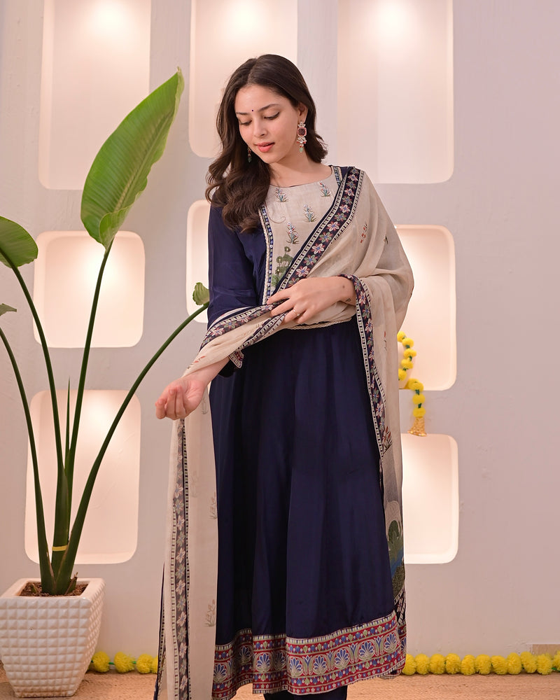 Navy Noor-e-Bagh Crepe A Line Handwork Suit