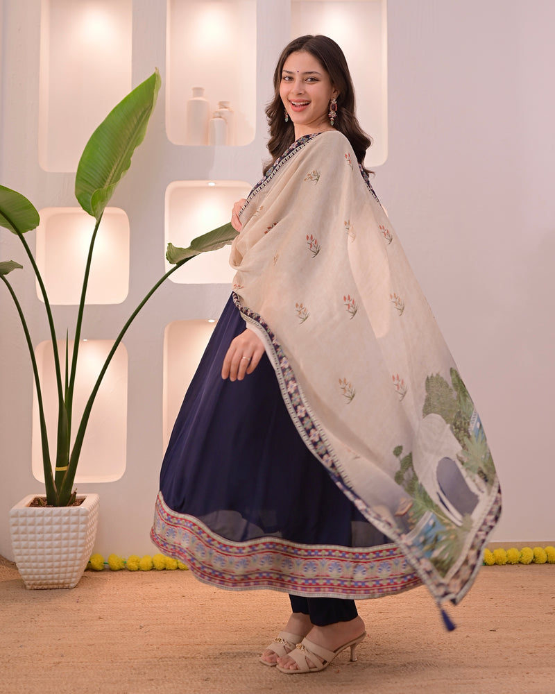 Navy Noor-e-Bagh Crepe A Line Handwork Suit