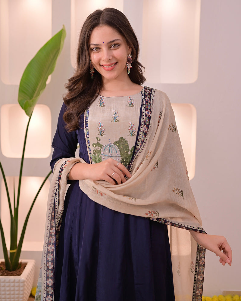 Navy Noor-e-Bagh Crepe A Line Handwork Suit