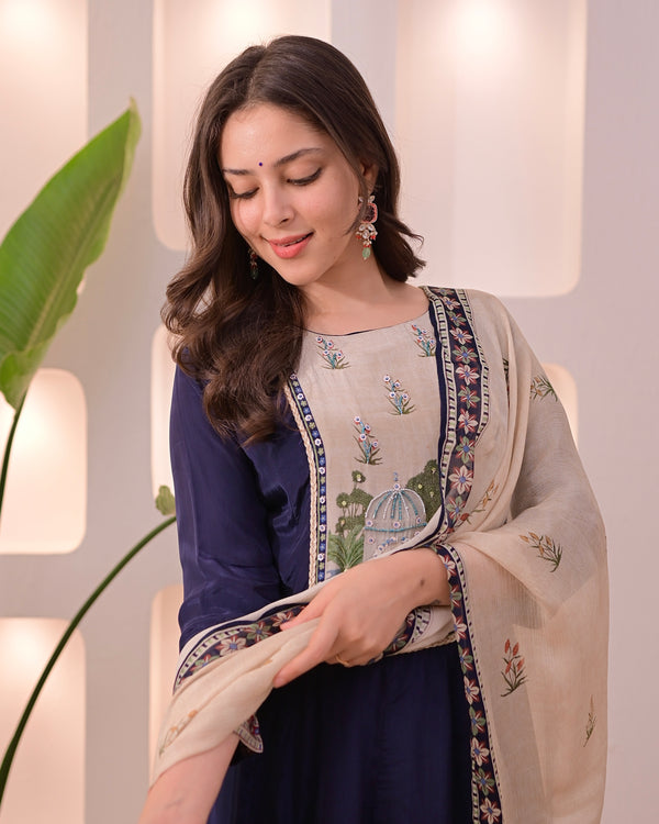 Navy Noor-e-Bagh Crepe A Line Handwork Suit