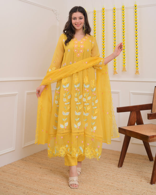 Yellow Handwork Chiffon Crush Festive Anarkali