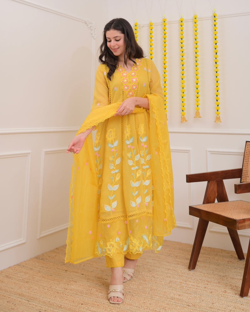Yellow Handwork Chiffon Crush Festive Anarkali