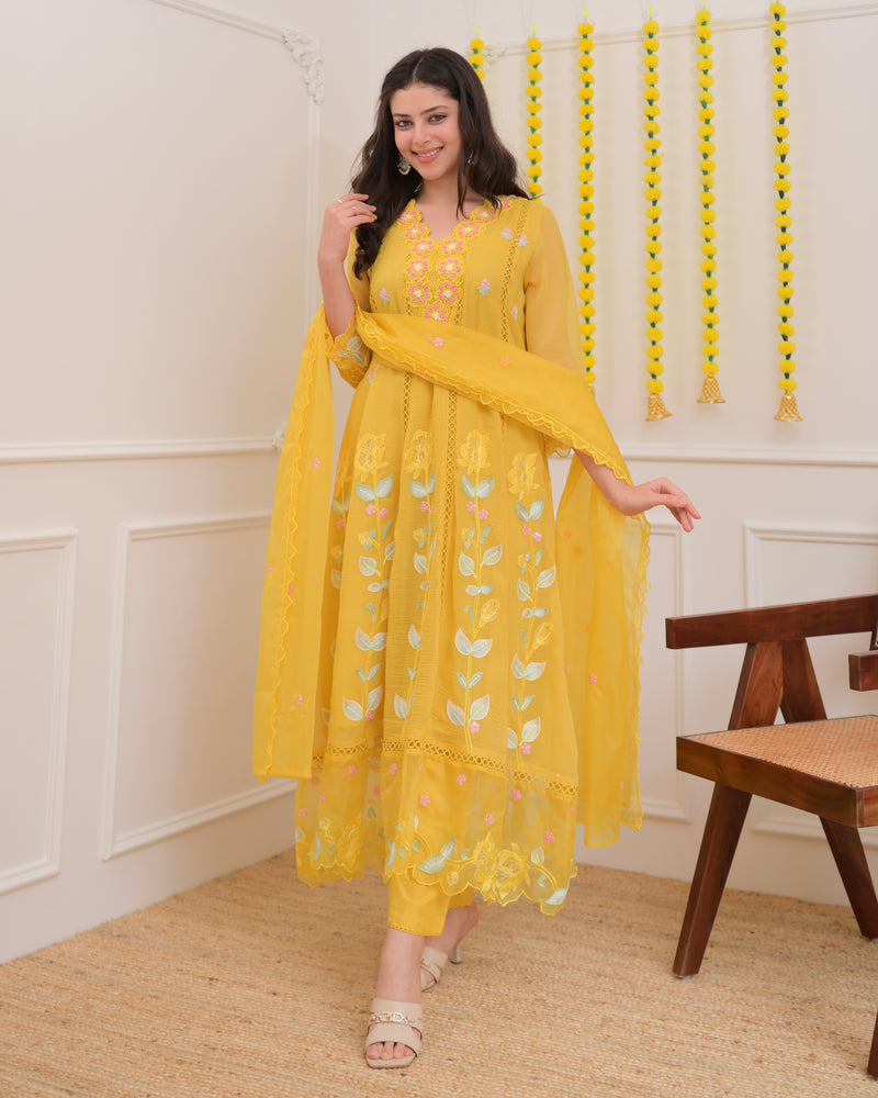Yellow Handwork Chiffon Crush Festive Anarkali