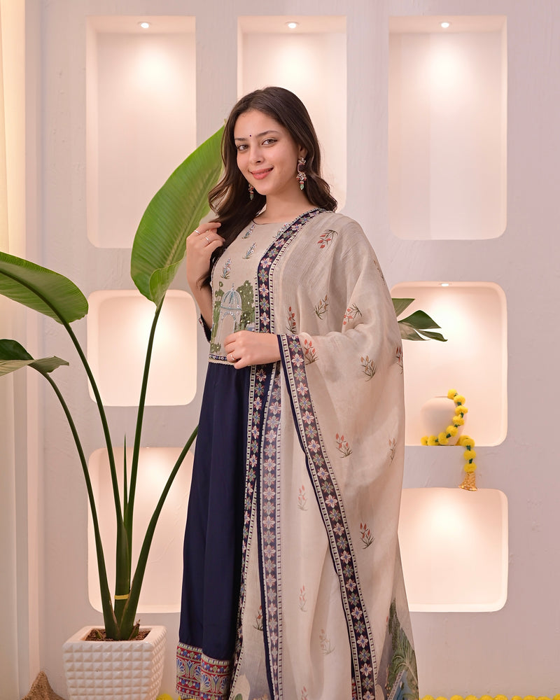 Navy Noor-e-Bagh Crepe A Line Handwork Suit