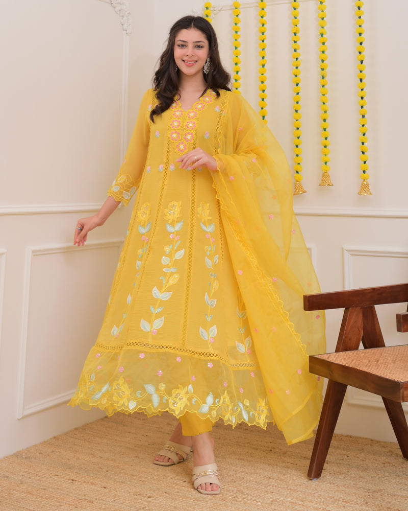 Yellow Handwork Chiffon Crush Festive Anarkali