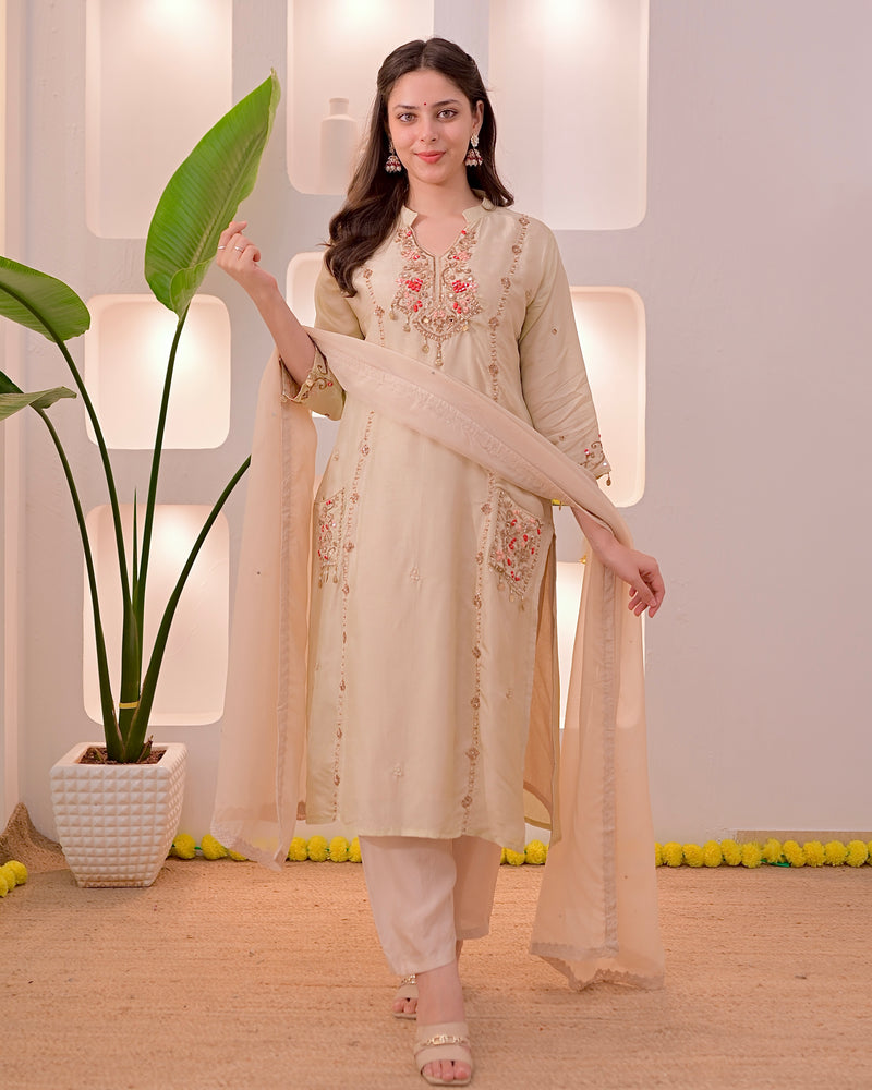Noor-e-Beige Premium Silk Handwork Festive Suit