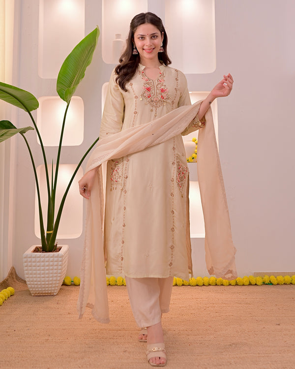 Noor-e-Beige Premium Silk Handwork Festive Suit