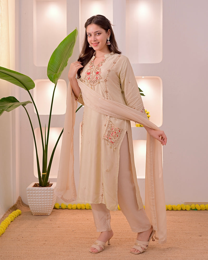 Noor-e-Beige Premium Silk Handwork Festive Suit