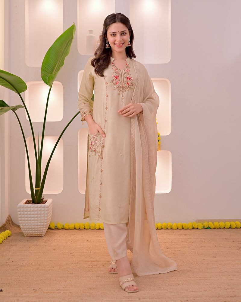 Noor-e-Beige Premium Silk Handwork Festive Suit