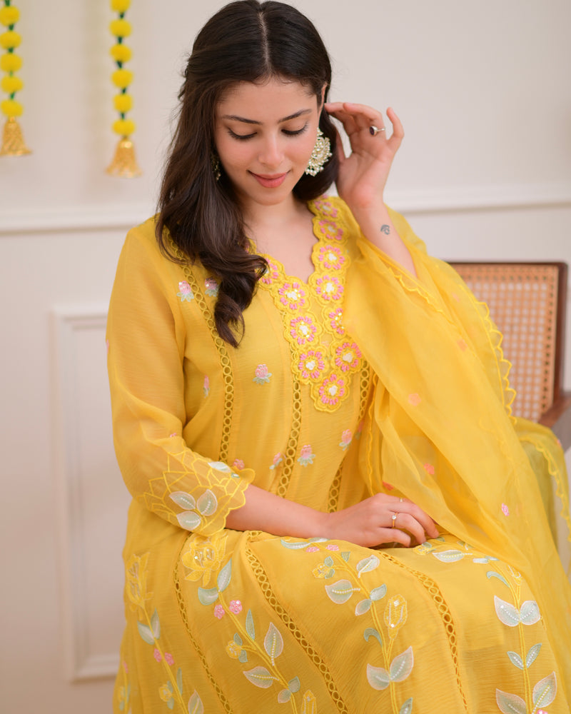 Yellow Handwork Chiffon Crush Festive Anarkali