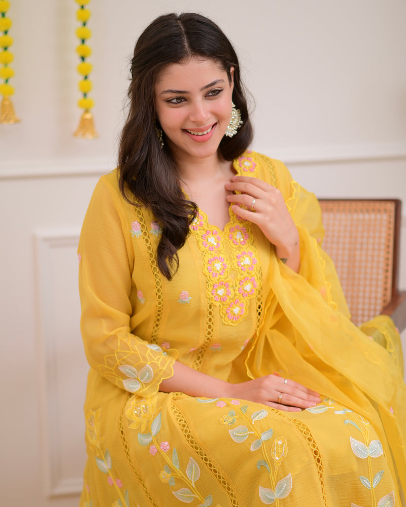 Yellow Handwork Chiffon Crush Festive Anarkali