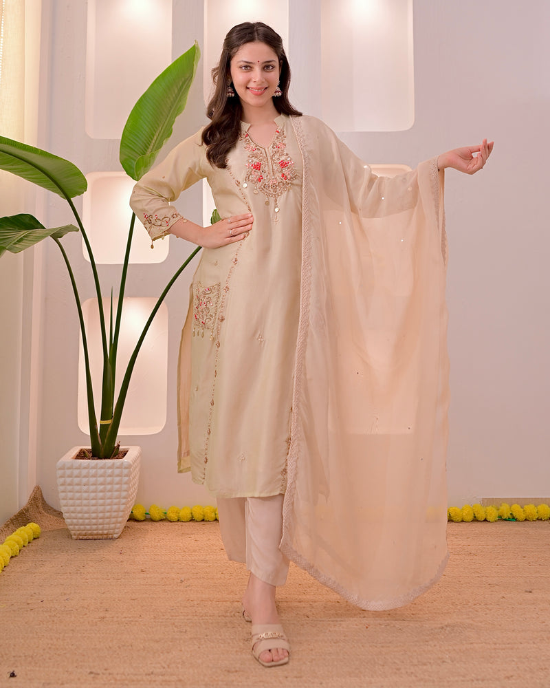 Noor-e-Beige Premium Silk Handwork Festive Suit