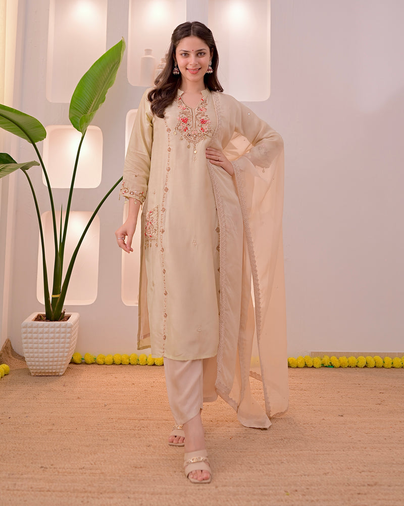 Noor-e-Beige Premium Silk Handwork Festive Suit