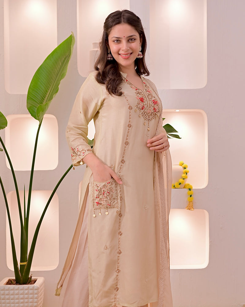 Noor-e-Beige Premium Silk Handwork Festive Suit