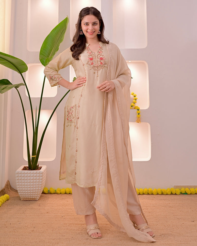 Noor-e-Beige Premium Silk Handwork Festive Suit