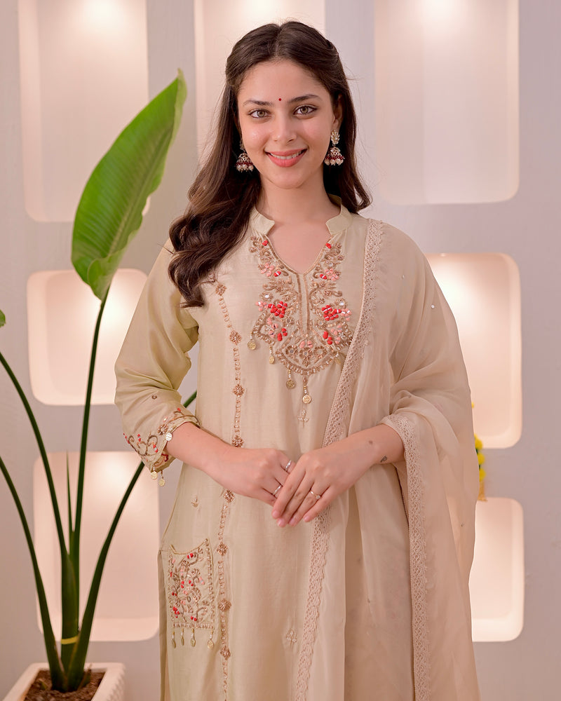 Noor-e-Beige Premium Silk Handwork Festive Suit