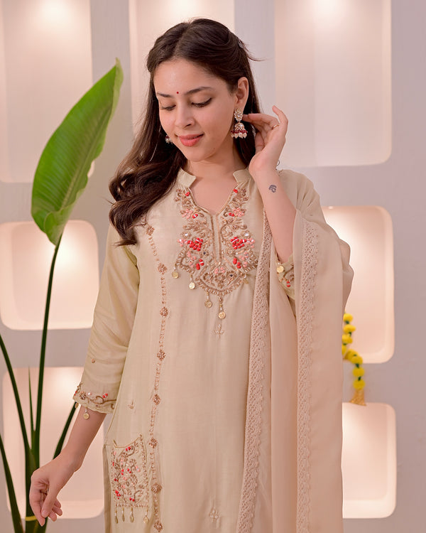 Noor-e-Beige Premium Silk Handwork Festive Suit