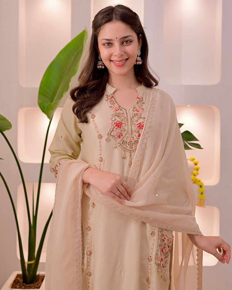 Noor-e-Beige Premium Silk Handwork Festive Suit