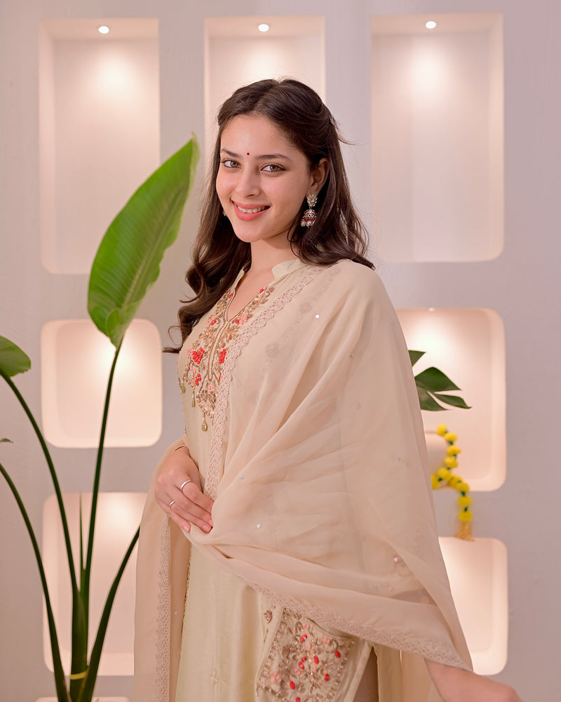 Noor-e-Beige Premium Silk Handwork Festive Suit