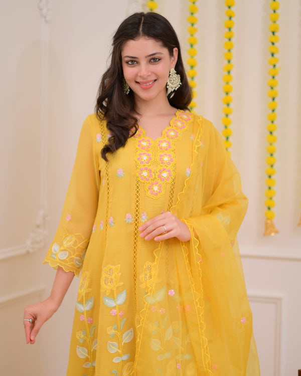 Yellow Handwork Chiffon Crush Festive Anarkali