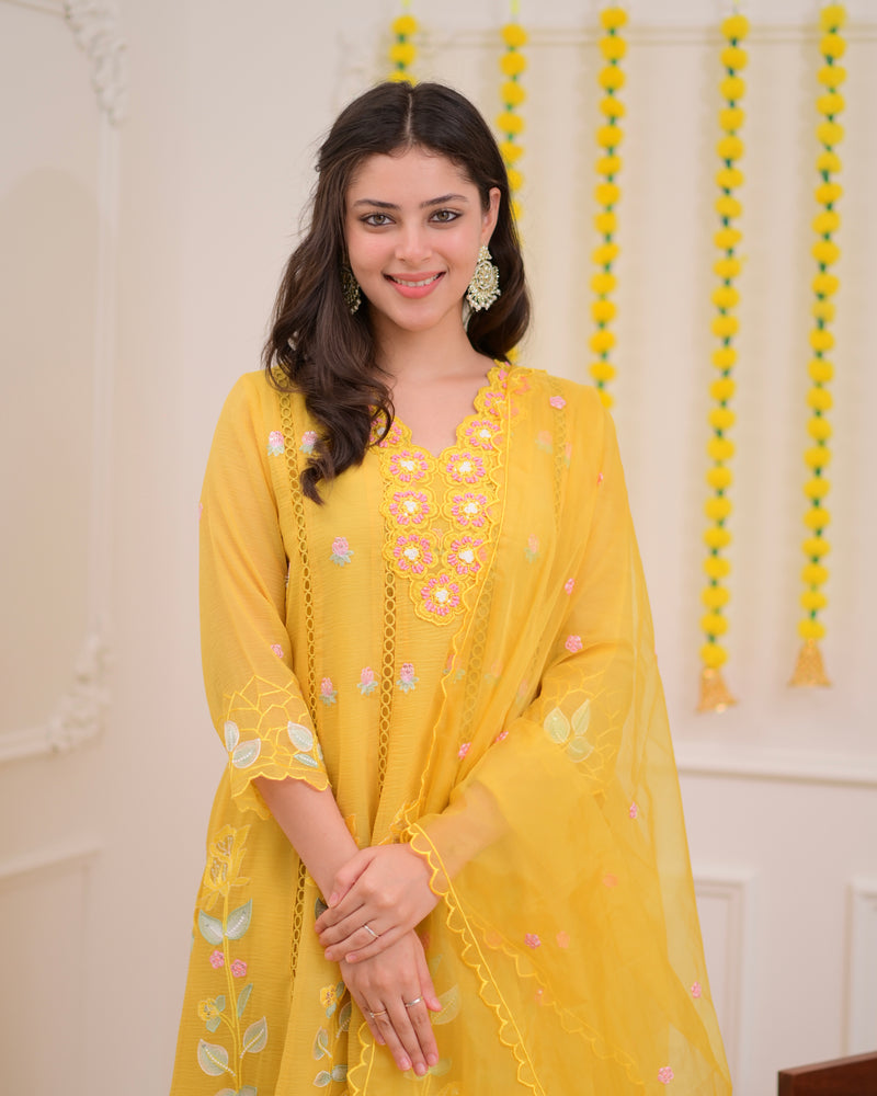 Yellow Handwork Chiffon Crush Festive Anarkali
