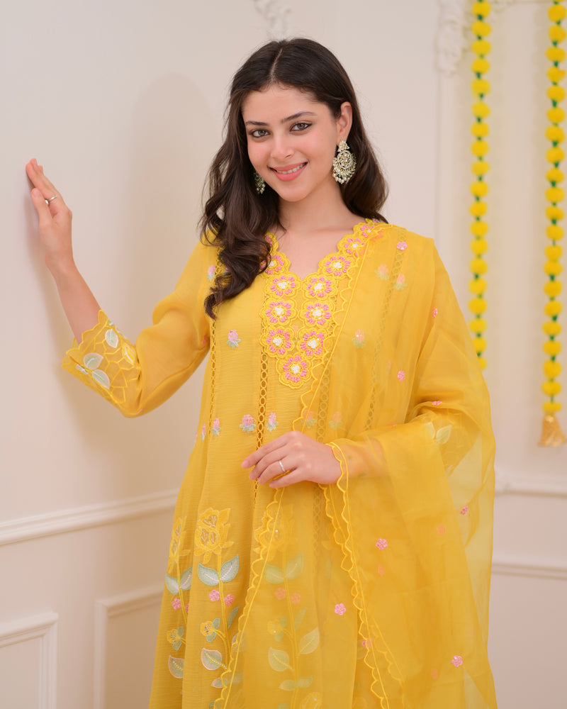 Yellow Handwork Chiffon Crush Festive Anarkali