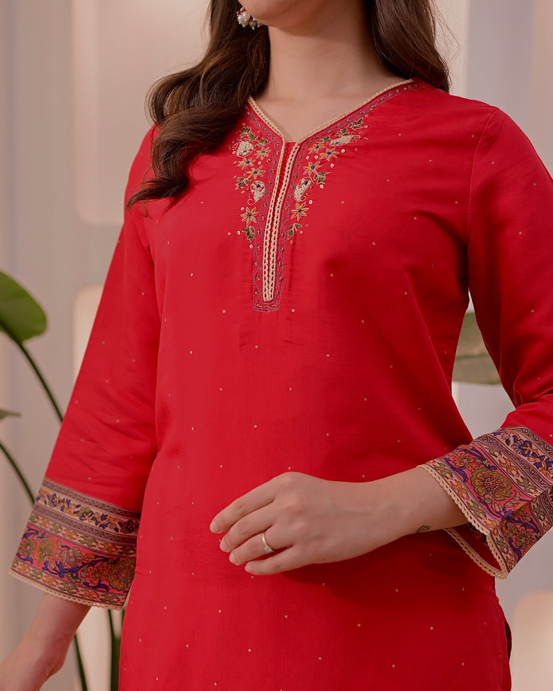 Ruhani Red Threadwork Cotton Palazzo Suit