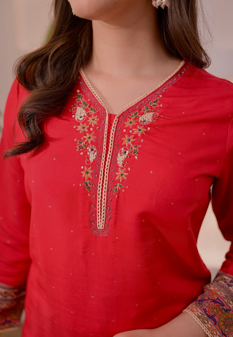 Ruhani Red Threadwork Cotton Palazzo Suit