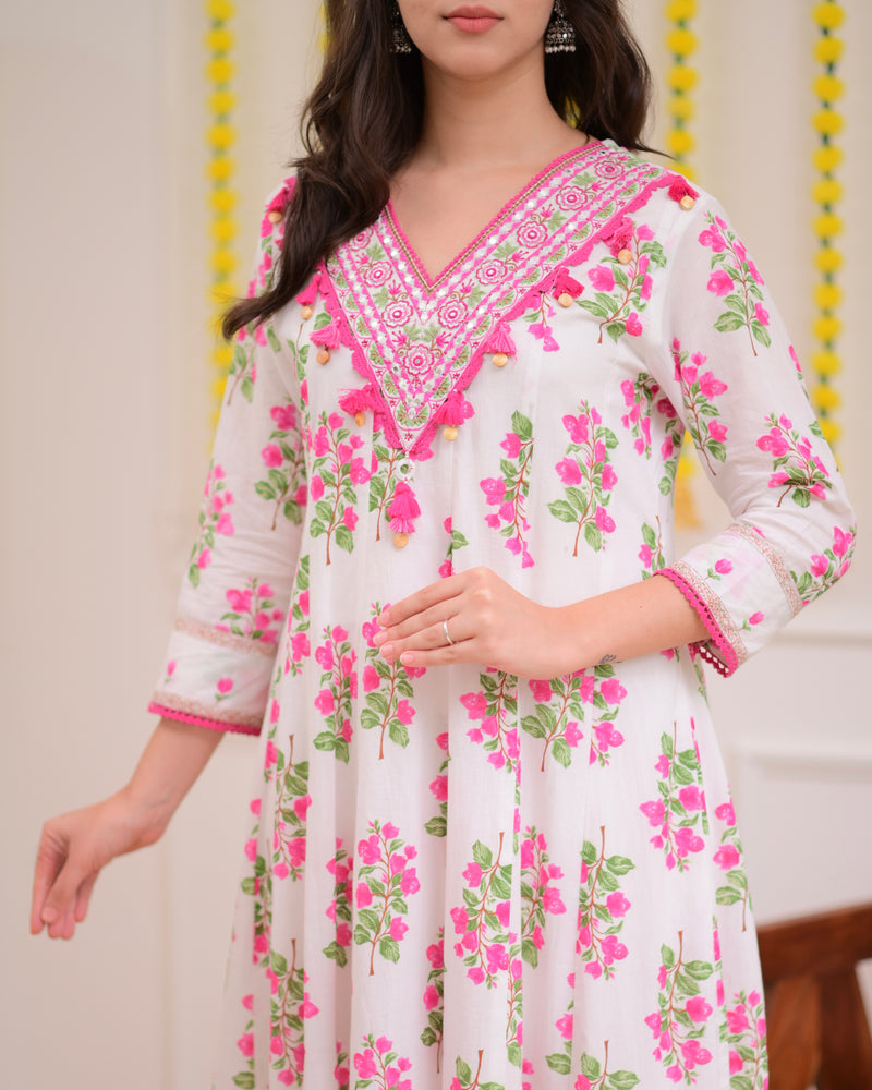 Pink Ivory Floral Garden Cotton A Line Suit