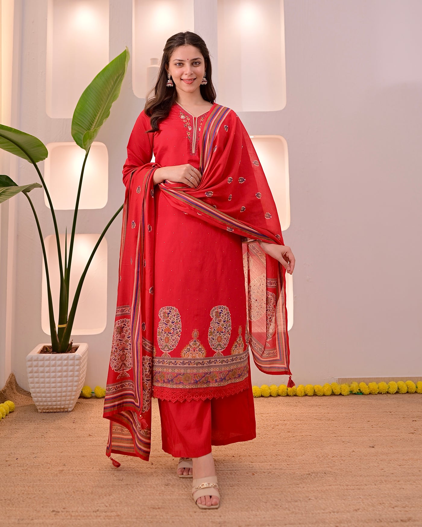 Ruhani Red Threadwork Cotton Palazzo Suit