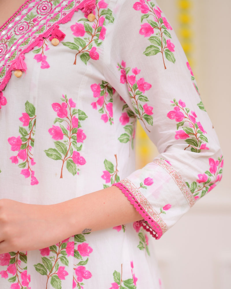 Pink Ivory Floral Garden Cotton A Line Suit