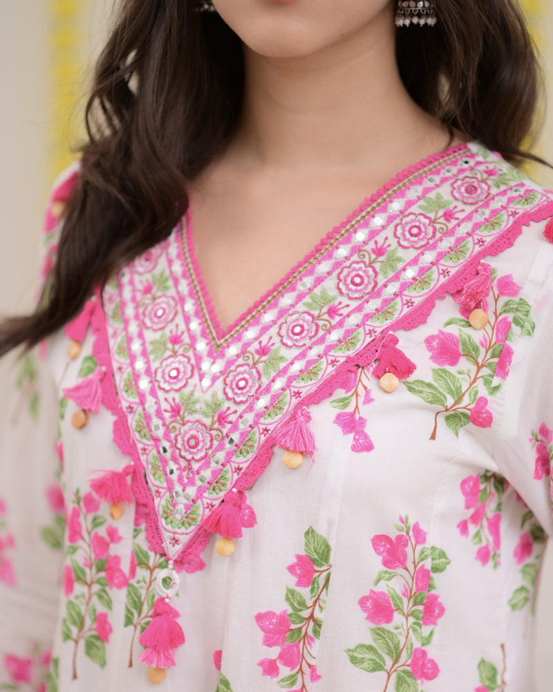 Pink Ivory Floral Garden Cotton A Line Suit