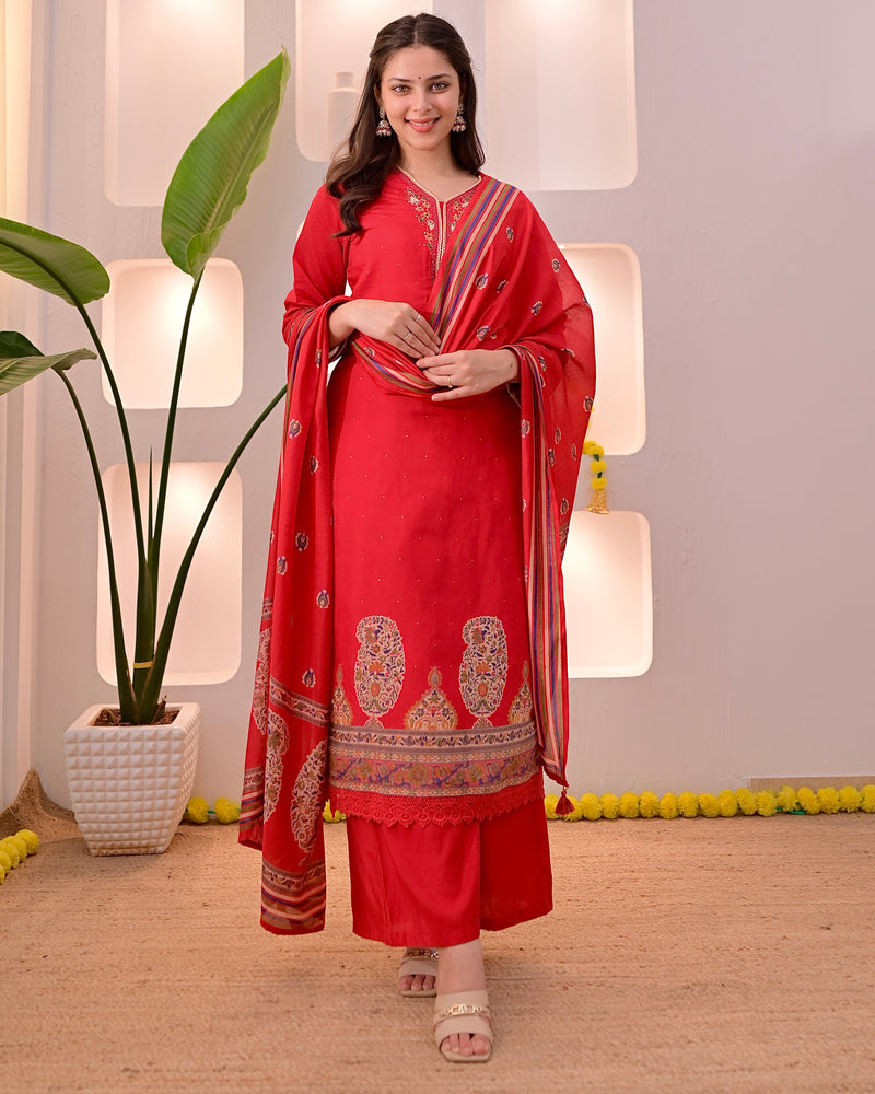 Ruhani Red Threadwork Cotton Palazzo Suit