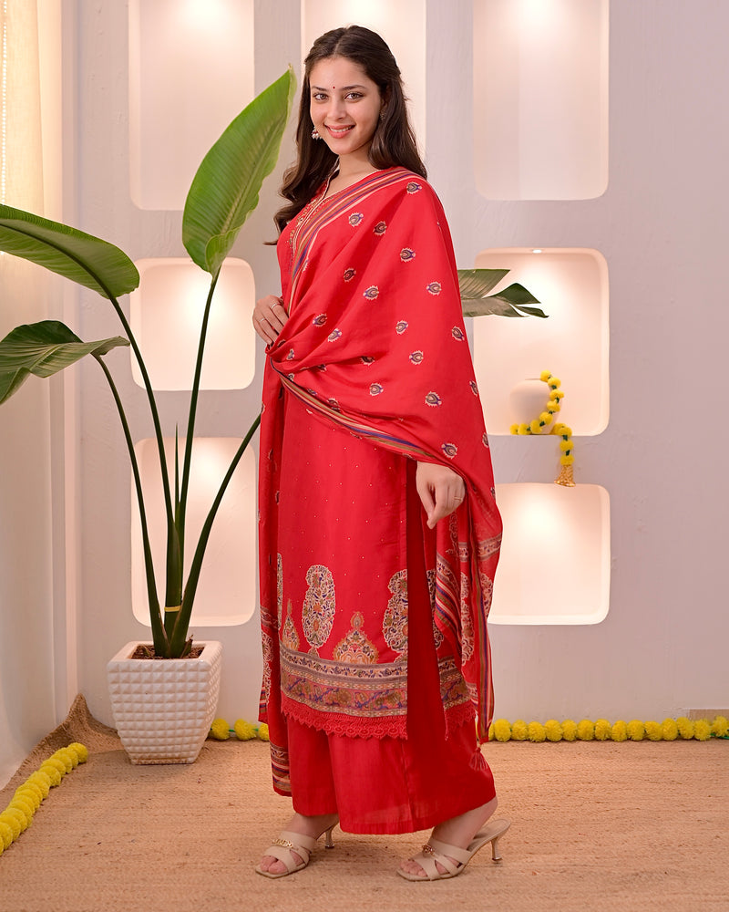 Ruhani Red Threadwork Cotton Palazzo Suit