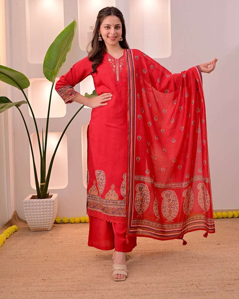 Ruhani Red Threadwork Cotton Palazzo Suit