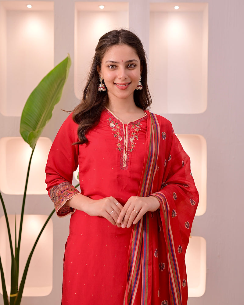 Ruhani Red Threadwork Cotton Palazzo Suit