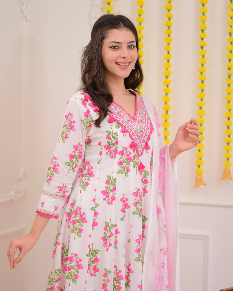 Pink Ivory Floral Garden Cotton A Line Suit