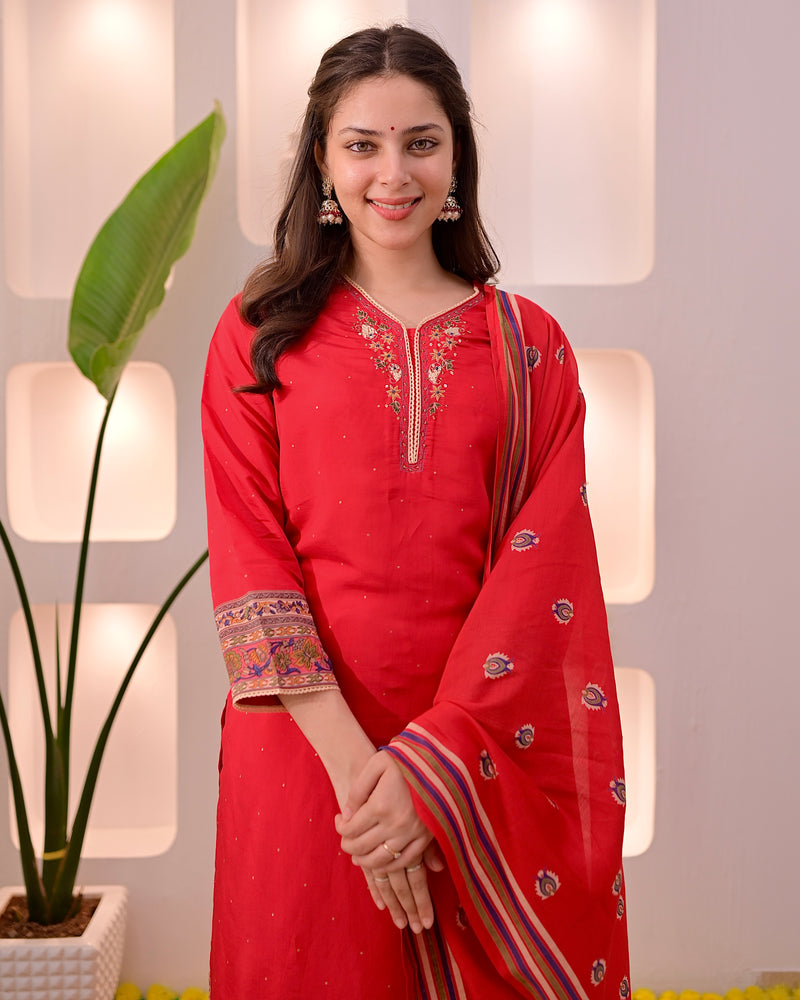 Ruhani Red Threadwork Cotton Palazzo Suit