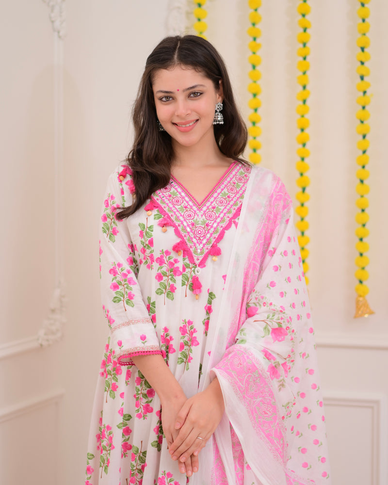 Pink Ivory Floral Garden Cotton A Line Suit