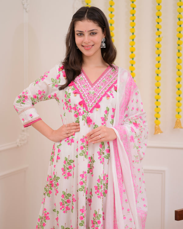 Pink Ivory Floral Garden Cotton A Line Suit