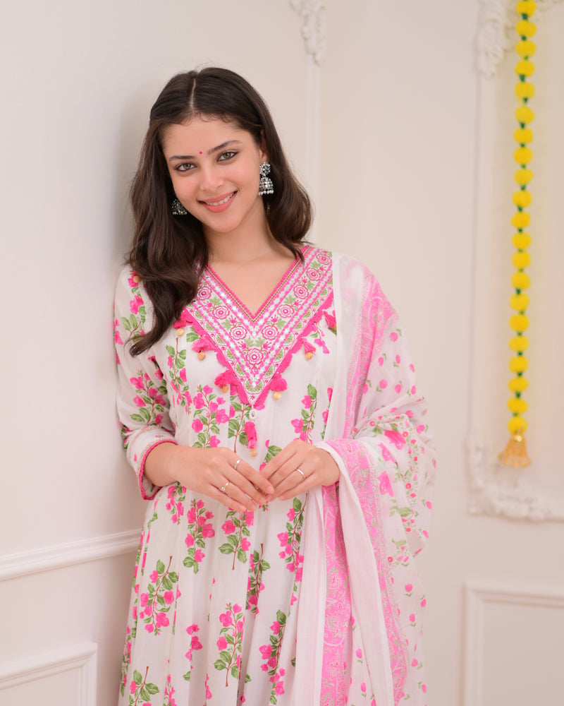 Pink Ivory Floral Garden Cotton A Line Suit